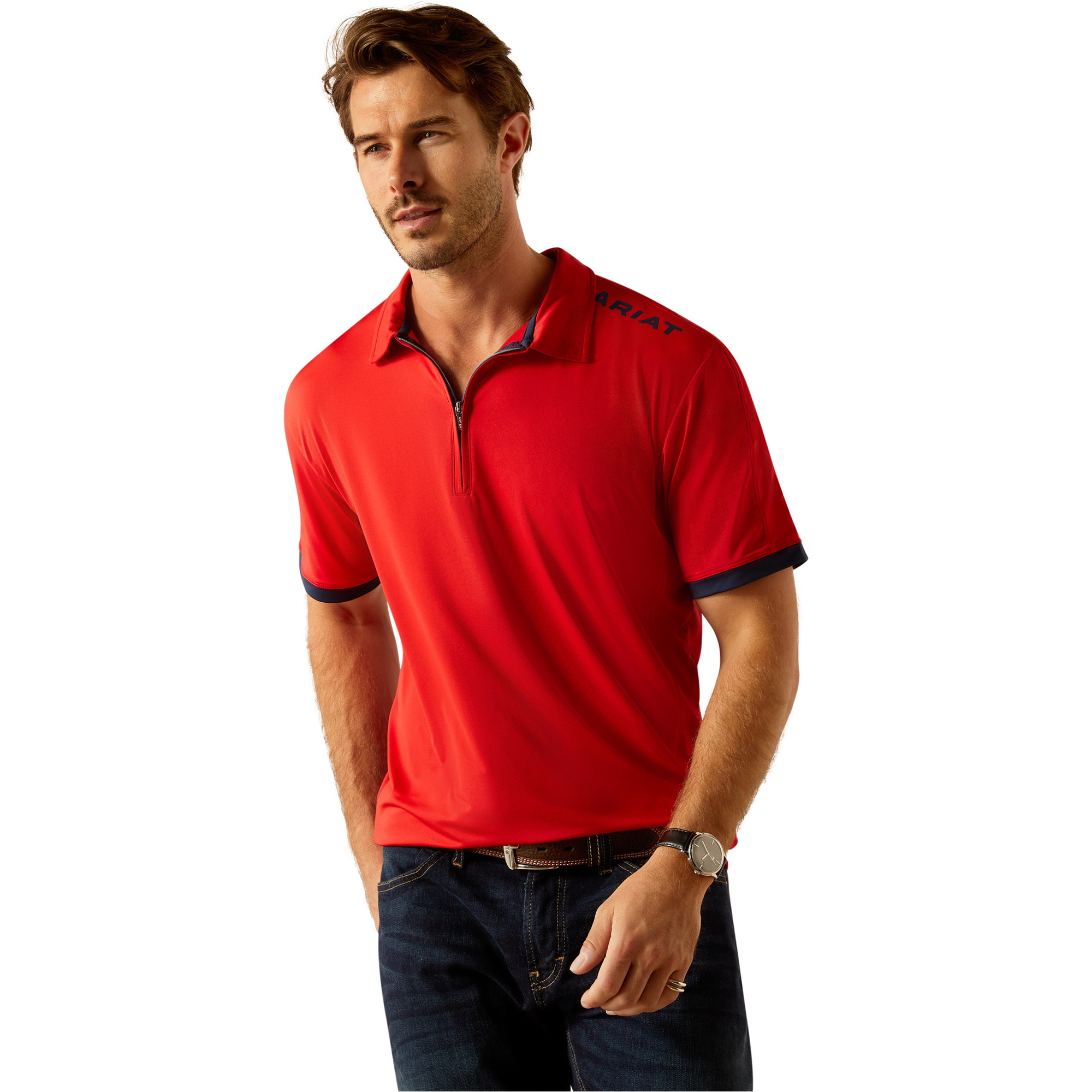 2025 Ariat Homme Bandera 1/4 Zip Manches Courtes Polo Shirt 10054971 - Weg Redt